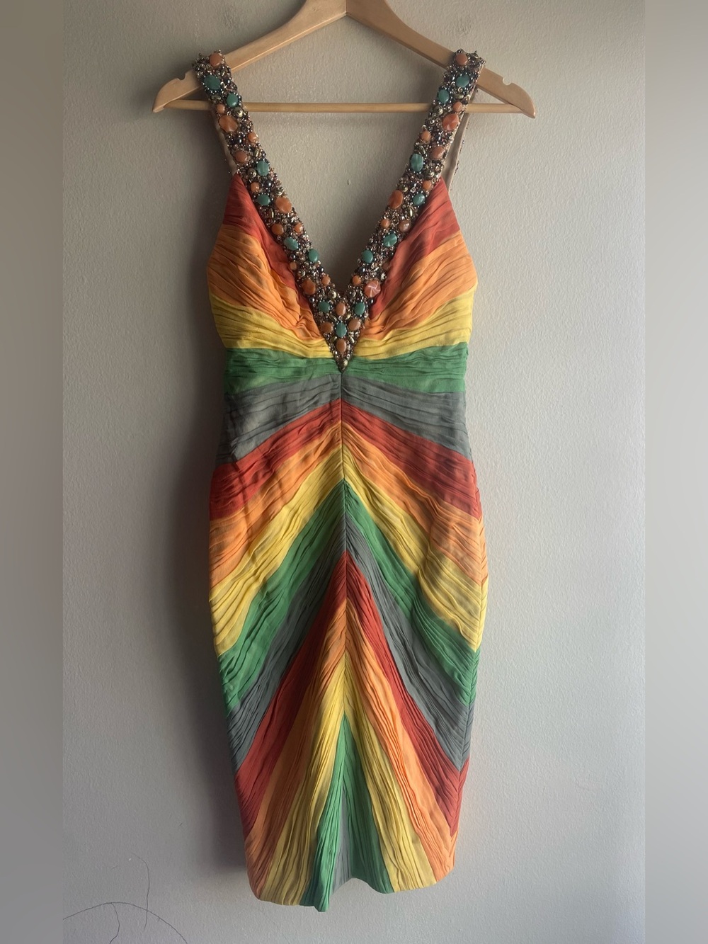 New Mandalay 100% Silk Beaded Rainbow Chevron Sleeveless Dress Multi Cocktail 4 - Picture 2 of 16